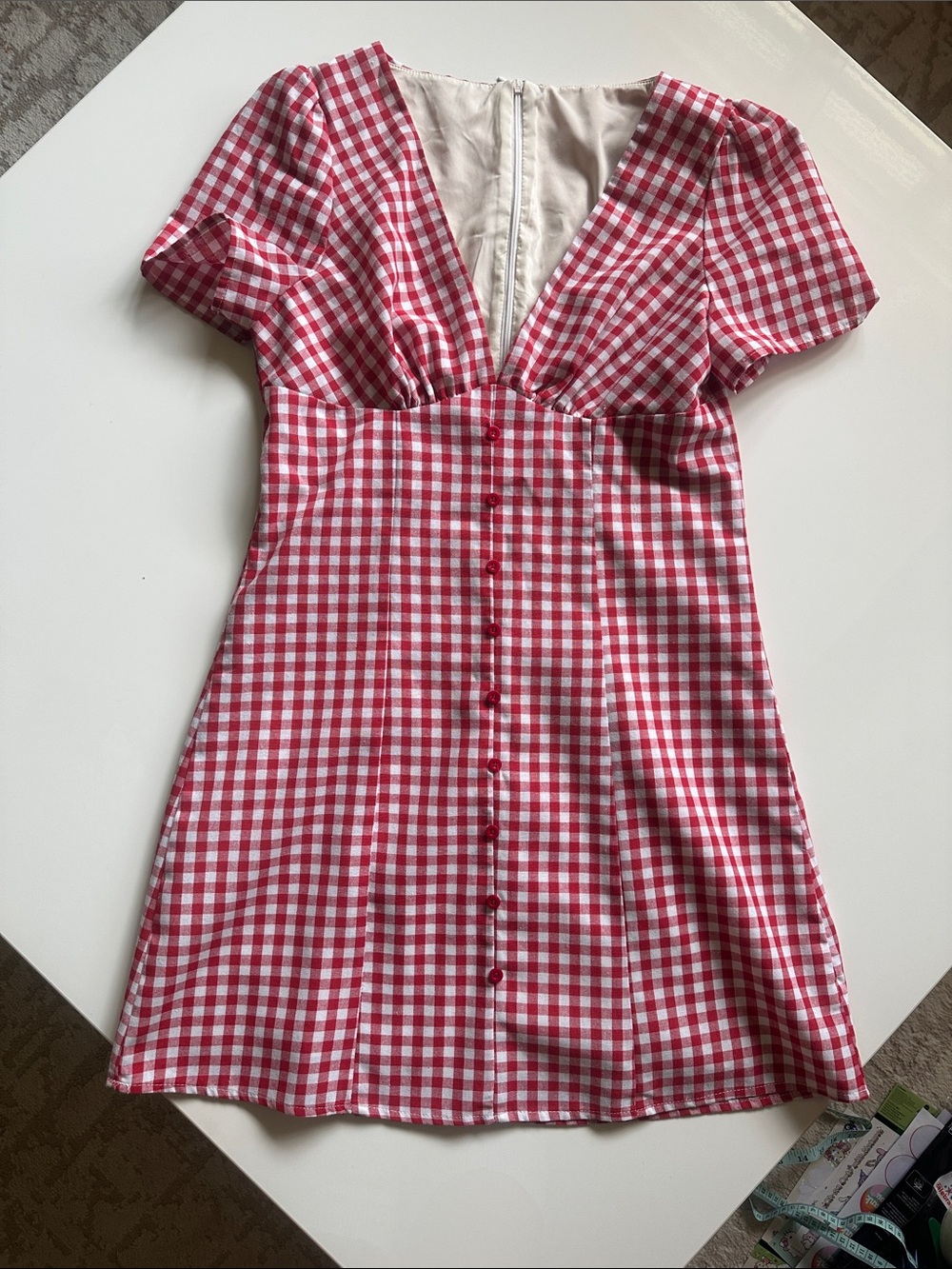 Red Gingham Mini Dress with Decorative Button Front
